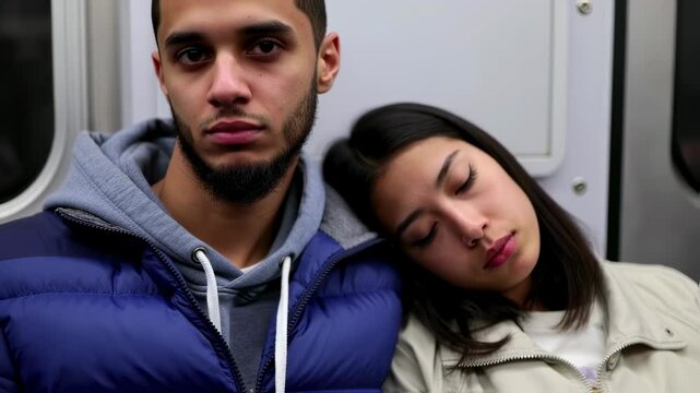 Young couple relaxing on a subway ride: peaceful togetherness in urban transit