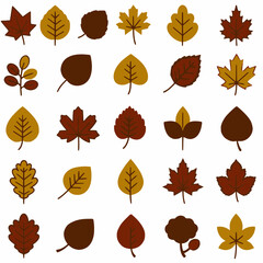 A grid of stylized fall leaves in various simple shapes and earthy autumn colors (brown, gold, rust) on a white background.