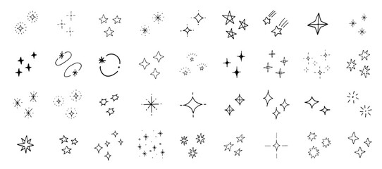 Twinkle and glitter hand drawn star sparkle vector illustration. Set of twinkle star doodle icons. Dazzling bright party lights.