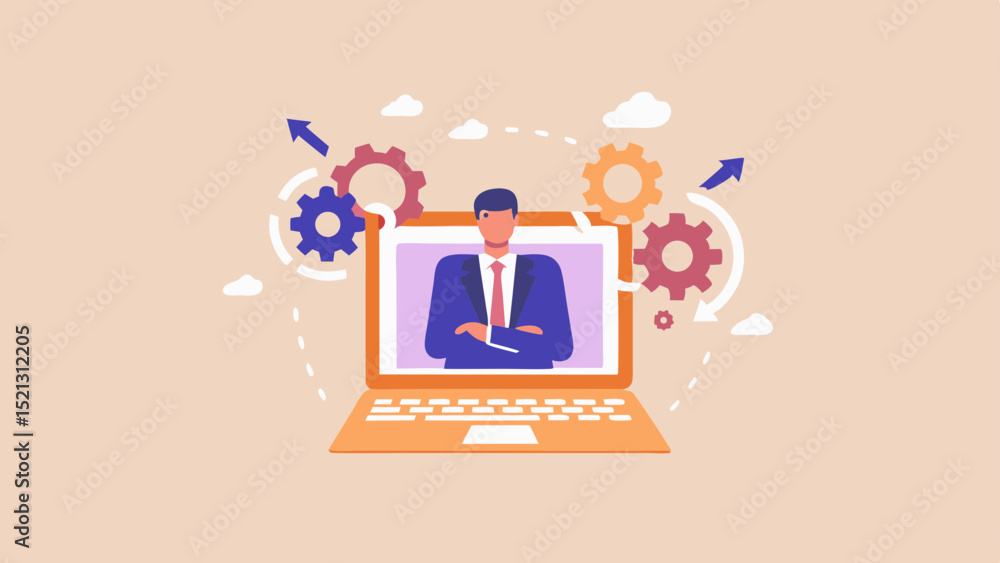 Poster man in suit on laptop screen surrounded by gears and arrows indicating process automation and effici