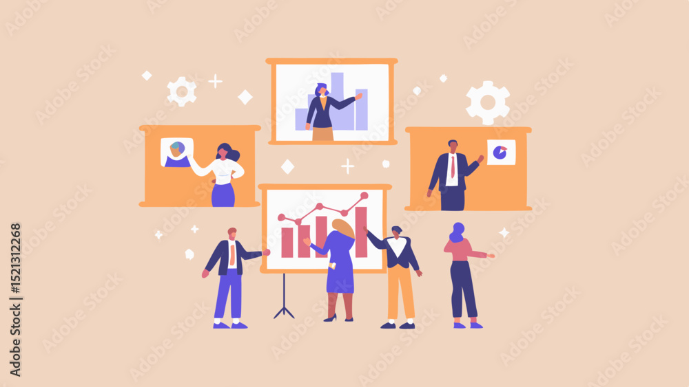 Poster people presenting data on screens with charts and graphs in a business meeting environment setting s