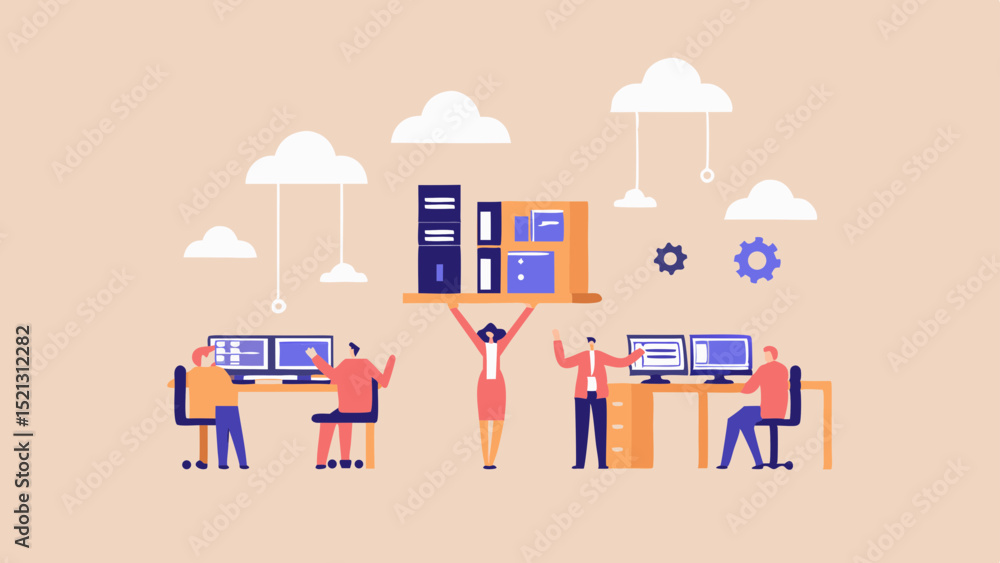 Poster people working at computers with a woman holding a shelf with files under cloud icons and gears abov