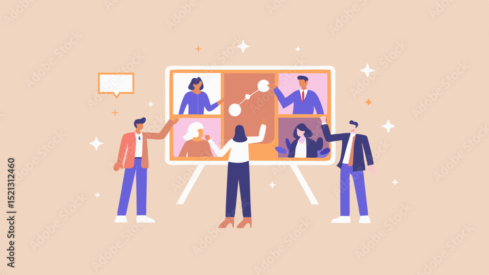 Poster team members collaborating on a presentation with a virtual meeting and a whiteboard display screen