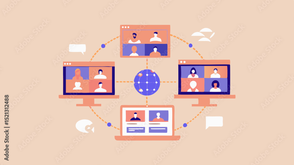 Poster online meeting with multiple screens showing participants connected through a central network globe