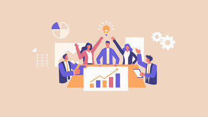 Team celebrating success with graph, lightbulb, pie chart, and gears in a business meeting setting