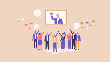 Group of people listening to a man with a megaphone on a screen with speech bubbles above them