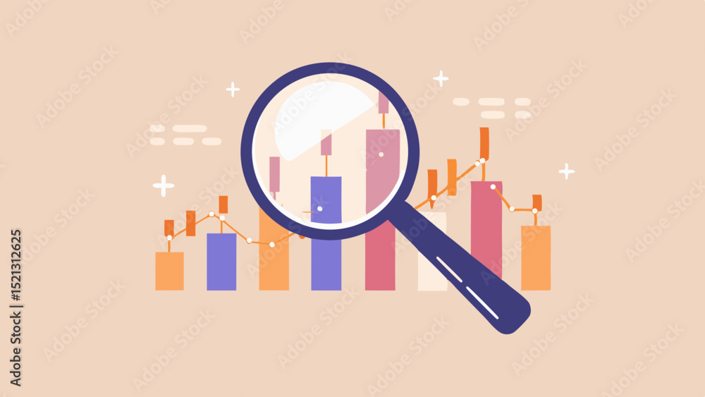 Aufkleber magnifying glass focusing on a colorful bar chart with an upward trending line graph analysis