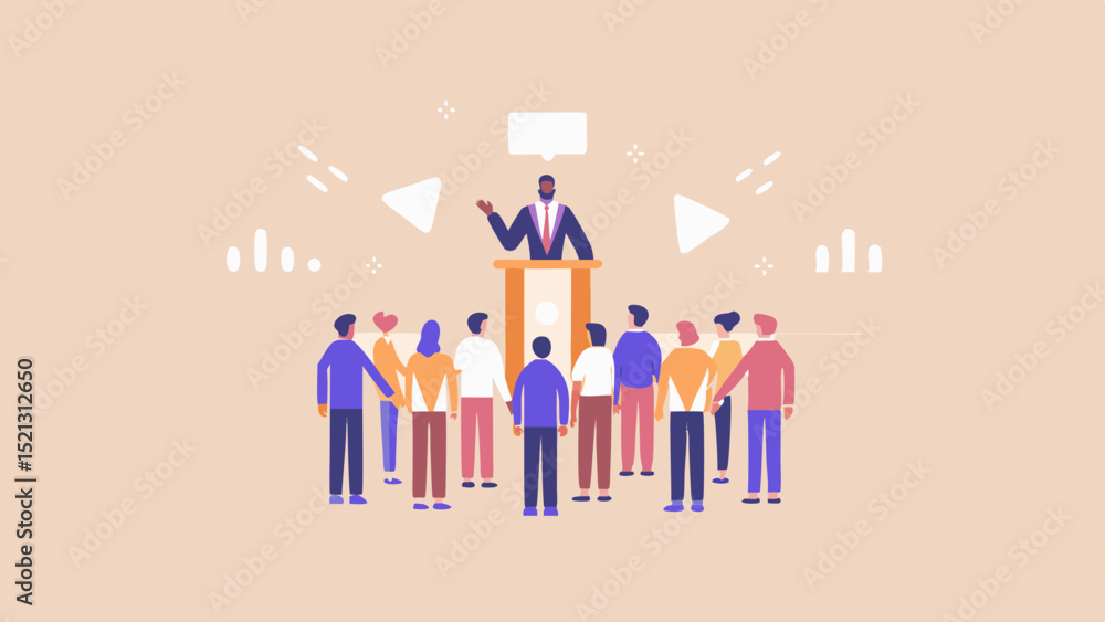 Poster speaker addressing a crowd from a podium with speech bubble and abstract shapes around them