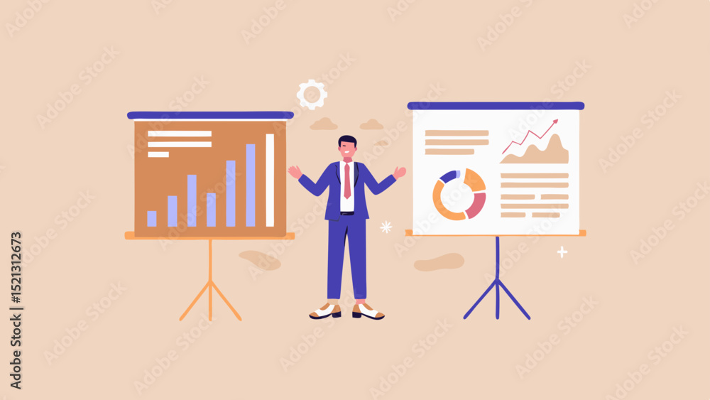 Poster illustration of a businessman presenting bar graph and pie chart on presentation boards with open ar
