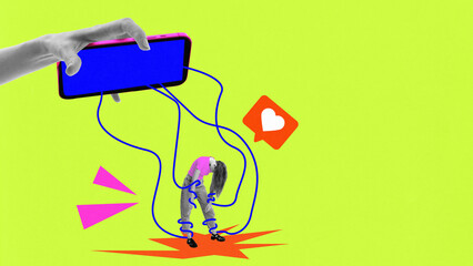 Girl controlled by wires from smartphone, as puppet, held above her with like icons against bright neon green background. Modern art design. Concept of manipulation and algorithmic control