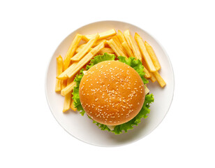 Burger with French fries served on plate on white background