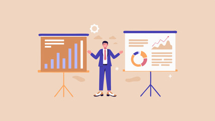Illustration of a businessman presenting bar graph and pie chart on presentation boards with open arms