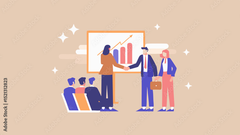 Poster business meeting with handshake in front of a presentation board showing a rising graph chart diagra
