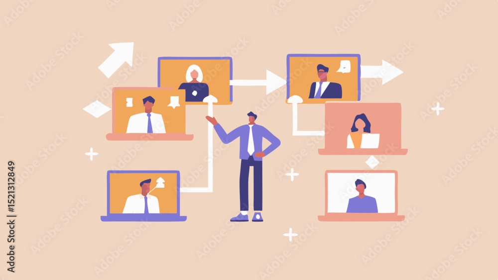 Poster man presenting to a virtual team on laptops connected by arrows in a network diagram format illustra