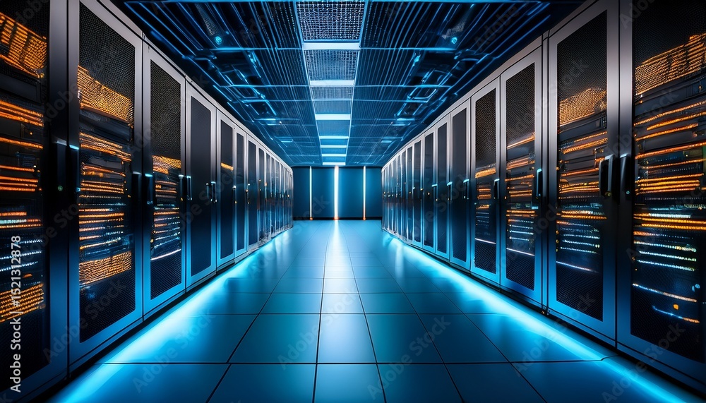 Poster close up view of illuminated server panels in a modern data center showcasing technology
