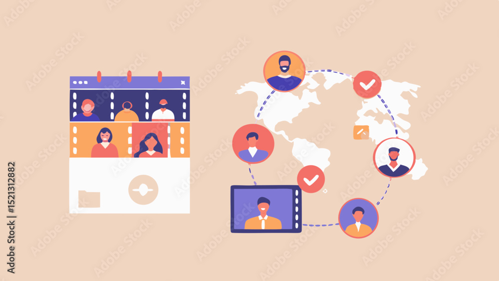 Aufkleber video conference call with global team members displayed on a calendar and world map interface