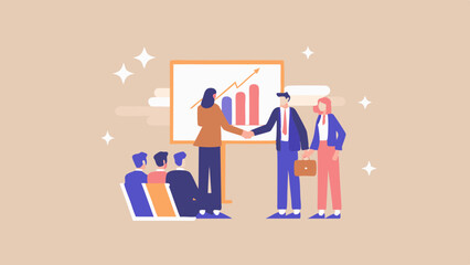 Business meeting with handshake in front of a presentation board showing a rising graph chart diagram