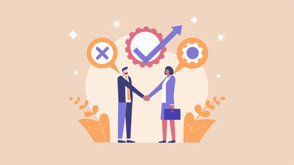 Business agreement illustration with handshake between man and woman and icons of success and failure