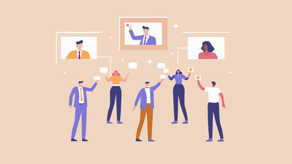 Illustration of a group of people interacting with screens in a virtual meeting setting online and offline