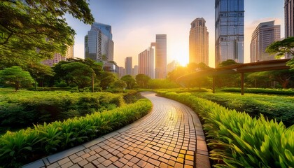 a winding stone path leads through a lush green park toward tall buildings in the golden morning light concept of urban sustainability peaceful coexistence and green city planning