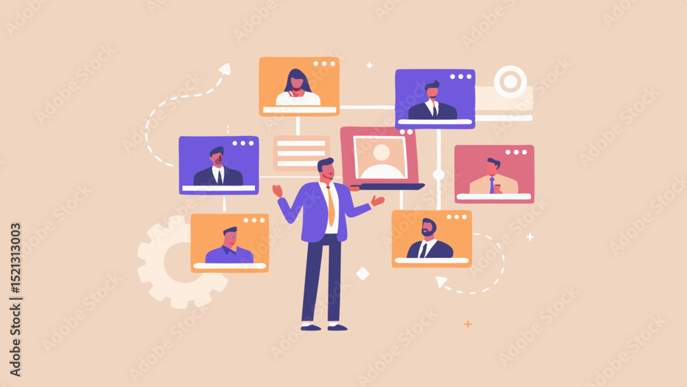 Aufkleber man presenting a virtual meeting with multiple participants on screens connected by lines and a gear