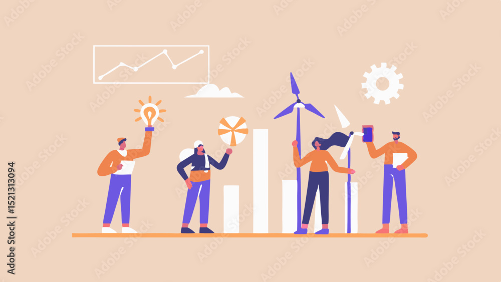 Poster illustration of team working on green energy with wind turbines and a lightbulb idea and graphs