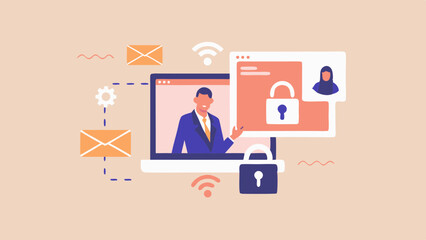 Man on laptop with security lock and email icons representing secure online communication and data privacy