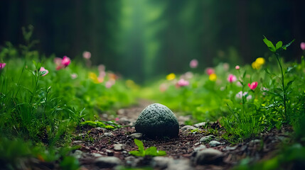 Scenic Forest Path With Colorful Flowers And Dark Rock