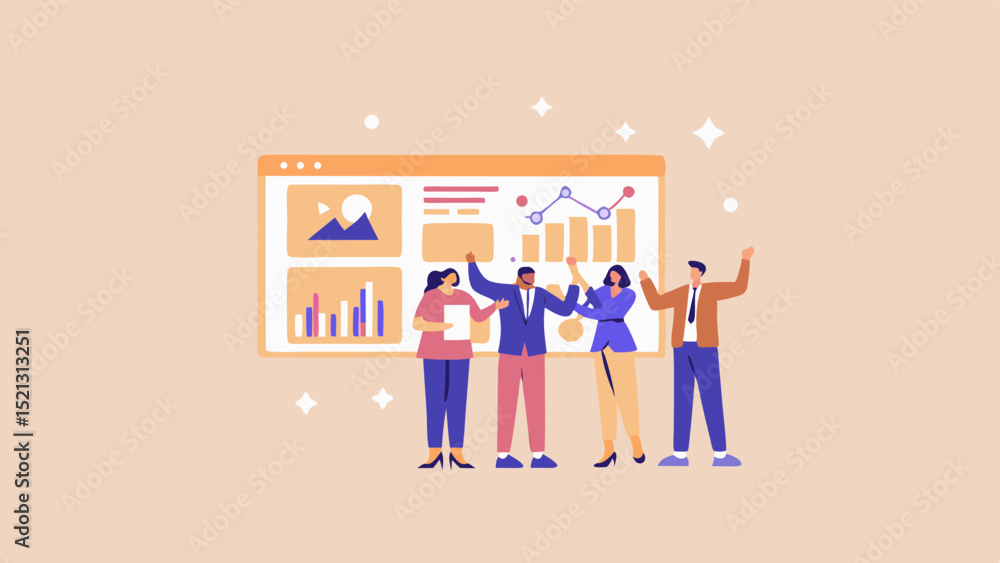 Poster team celebrating success in front of a dashboard displaying charts and graphs with arms raised high 