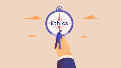 A man standing on a hand holding a compass with the word ethics written on it against a light background