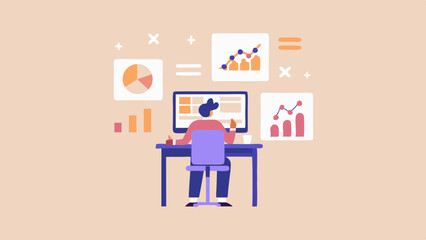 Person at desk facing computer with data charts and graphs displayed around the screen in flat design