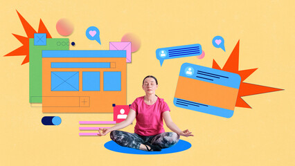 Calm woman meditating in lotus position among flying social media notifications and website elements. Modern art design. Concept of digital detox and mindfulness, freedom