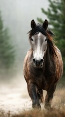 Majestic horse walking through misty forest during dawn in a tranquil natural setting