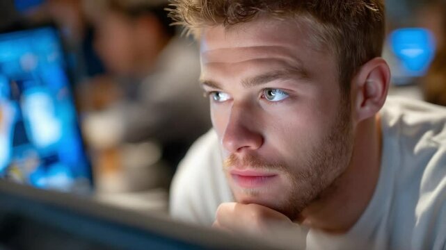 Focused Contemplation: A focused individual, engrossed in thought, gazes intently, with the illumination from a display screen reflecting in their eyes. The scene encapsulates deep concentration. 