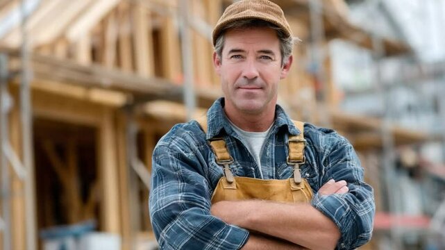Construction Worker: A focused builder stands proudly, arms crossed in front of a half-built house. capturing the dedication and skill involved in construction work.
