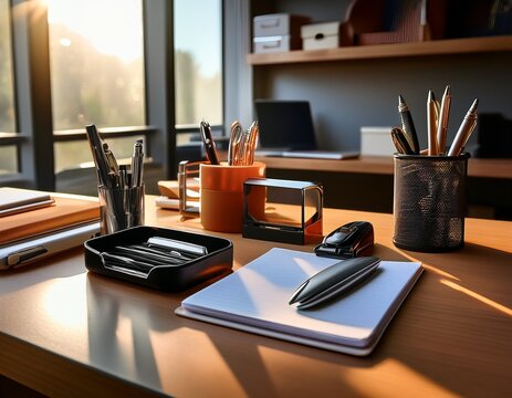a close up shot of a well organized desk with a variety of desk accessories including a pen holder a desk organizer a stapler and a tape dispenser emphasizing orderliness and efficiency