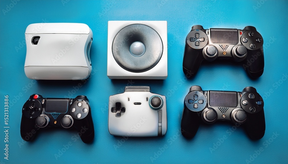 Poster gaming console and controllers arranged creatively