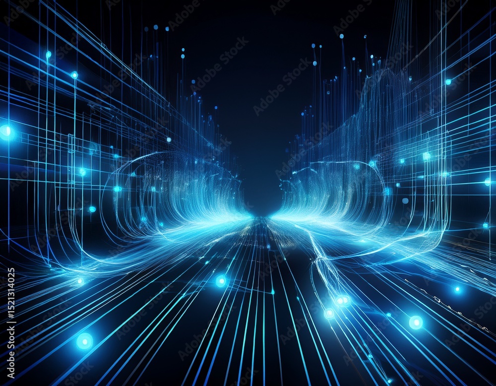 Poster abstract network of glowing blue lines and dots representing digital connections and data flow