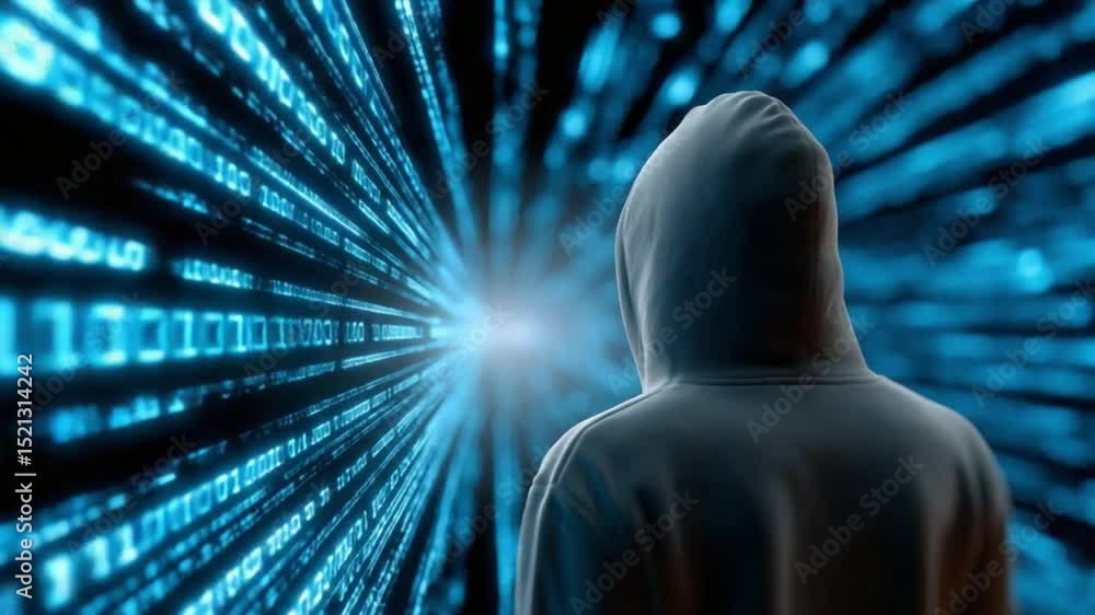 Aufkleber cyber intrusion: a cloaked figure, stands at the core of digital realm, as streams of binary code su