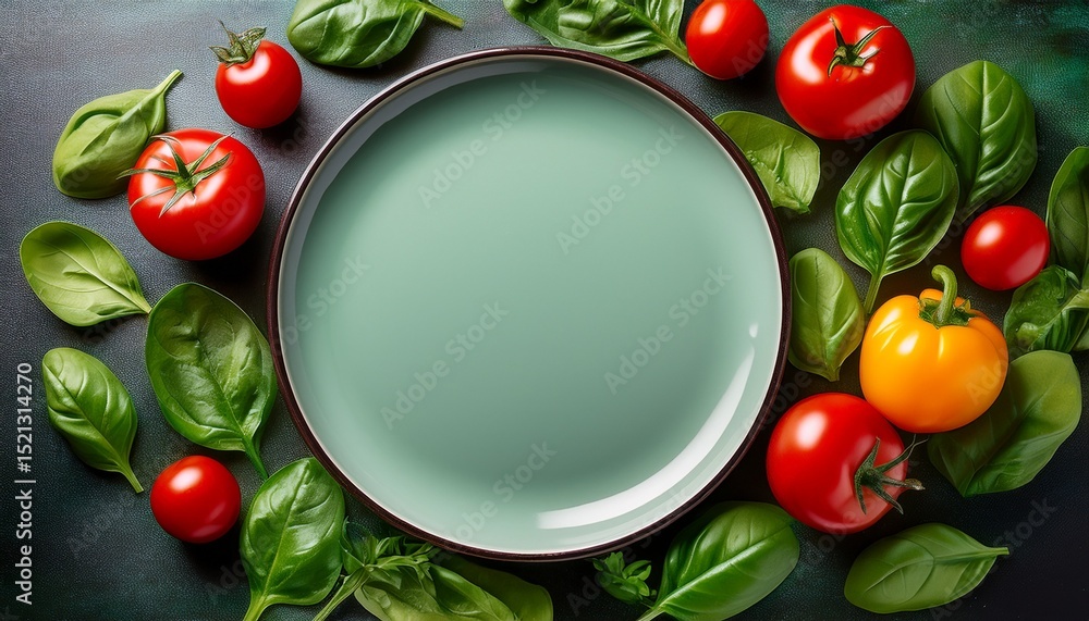 Poster clean empty plate surrounded by fresh vegetables like tomatoes basil and spinach creating vibrant an