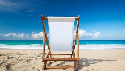 beach chair mockup bank white beach chair mockup on a beach a wooden beach chair with a blank white canvas sits on a sandy beach facing the ocean