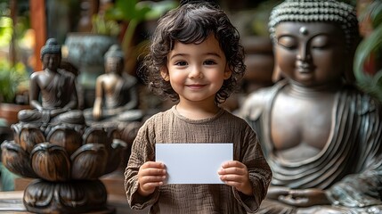 A child holding a blank white gift card before a serene Buddha statue