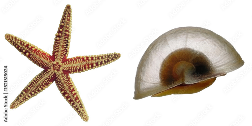 Poster png starfish and a seashell are displayed on a transparent background.