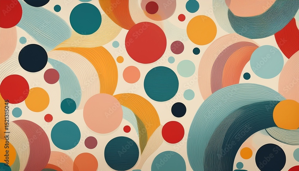 Poster a minimalistic pattern of overlapping polka dots in various colors on a light background ideal for m