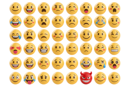 Collection of 3d emojis showing various emotions isolated on transparent background