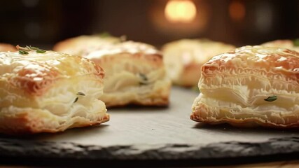 Cinematic close-up of golden puff pastry parcels with herbs on slate, bakery-fresh, smooth orbiting camera motion - Powered by Adobe
