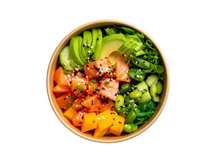 Poke bowl with salmon, avocado, vegetables and rice isolated on transparent background