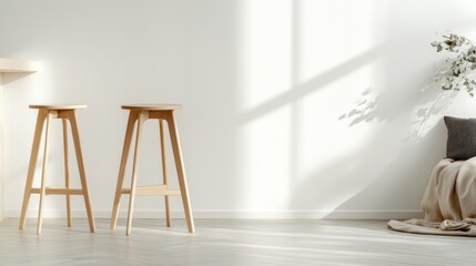 A modern and minimalist scene featuring two stylish wooden bar stools positioned beside a sunlit wall, perfect for capturing the essence of contemporary interior design.