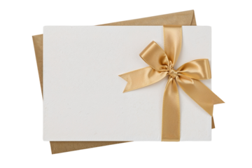 Blank notecard with gold bow and envelope isolated on transparent background