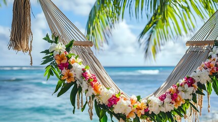 A relaxing hammock adorned with vibrant tropical flowers gently sways in a soft ocean breeze on a pristine beach, offe a tranquil escape under swaying palm trees.